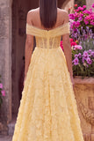 Robe de soirée jaune en tulle, ligne A, à épaules dénudées, avec broderie florale