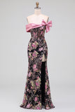 Robe de soirée avec corset, motifs floraux, noire et rose, à épaules dénudées, à paillettes, coupe sirène, longue, avec noeud