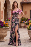 Robe de soirée avec corset, motifs floraux, noire et rose, à épaules dénudées, à paillettes, coupe sirène, longue, avec noeud