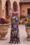 Robe de soirée avec corset, motifs floraux, noire et rose, à épaules dénudées, à paillettes, coupe sirène, longue, avec noeud