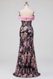 Robe de soirée avec corset, motifs floraux, noire et rose, à épaules dénudées, à paillettes, coupe sirène, longue, avec noeud