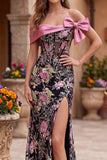 Robe de soirée avec corset, motifs floraux, noire et rose, à épaules dénudées, à paillettes, coupe sirène, longue, avec noeud