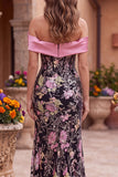 Robe de soirée avec corset, motifs floraux, noire et rose, à épaules dénudées, à paillettes, coupe sirène, longue, avec noeud