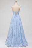 Robe de soirée longue bleue à bretelles, avec perles, fente et motifs floraux, ligne A