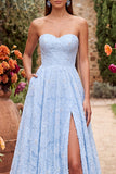 Robe de soirée longue bleue à bretelles, avec perles, fente et motifs floraux, ligne A