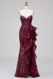 Robe de soirée longue sans bretelles, coupe sirène, à paillettes, bordeaux, avec fente et volants