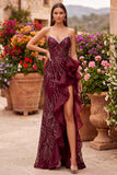 Robe de soirée longue sans bretelles, coupe sirène, à paillettes, bordeaux, avec fente et volants