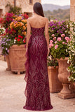 Robe de soirée longue sans bretelles, coupe sirène, à paillettes, bordeaux, avec fente et volants