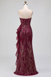 Robe de soirée longue sans bretelles, coupe sirène, à paillettes, bordeaux, avec fente et volants