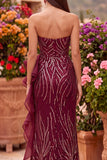 Robe de soirée longue sans bretelles, coupe sirène, à paillettes, bordeaux, avec fente et volants