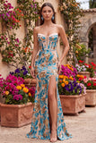 Robe de soirée avec corset, motifs floraux, bleue, à paillettes, coupe sirène, sans bretelles, longue, avec fente