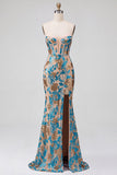 Robe de soirée avec corset, motifs floraux, bleue, à paillettes, coupe sirène, sans bretelles, longue, avec fente