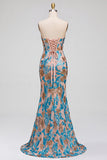 Robe de soirée avec corset, motifs floraux, bleue, à paillettes, coupe sirène, sans bretelles, longue, avec fente