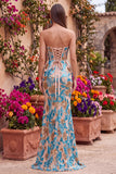 Robe de soirée avec corset, motifs floraux, bleue, à paillettes, coupe sirène, sans bretelles, longue, avec fente