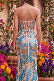 Robe de soirée avec corset, motifs floraux, bleue, à paillettes, coupe sirène, sans bretelles, longue, avec fente