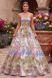 Robe de soirée longue avec broderie florale rose, sans bretelles, ligne A