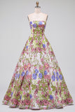 Robe de soirée longue avec broderie florale rose, sans bretelles, ligne A