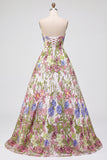 Robe de soirée longue avec broderie florale rose, sans bretelles, ligne A