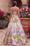 Robe de soirée longue avec broderie florale rose, sans bretelles, ligne A