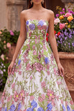 Robe de soirée longue avec broderie florale rose, sans bretelles, ligne A