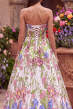 Robe de soirée longue avec broderie florale rose, sans bretelles, ligne A