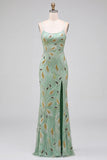 Robe de soirée longue à fines bretelles, avec perles, verte, avec dentelle au dos