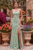Robe de soirée longue à fines bretelles, avec perles, verte, avec dentelle au dos