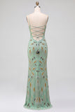 Robe de soirée longue à fines bretelles, avec perles, verte, avec dentelle au dos