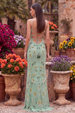 Robe de soirée longue à fines bretelles, avec perles, verte, avec dentelle au dos