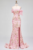 Robe de soirée rose avec broderie florale, coupe sirène, à épaules dénudées, avec fente latérale