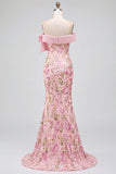 Robe de soirée rose avec broderie florale, coupe sirène, à épaules dénudées, avec fente latérale