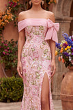 Robe de soirée rose avec broderie florale, coupe sirène, à épaules dénudées, avec fente latérale