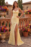Robe de soirée longue à fines bretelles jaune, coupe sirène, à motifs floraux
