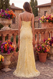 Robe de soirée longue à fines bretelles jaune, coupe sirène, à motifs floraux