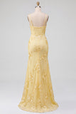 Robe de soirée longue à fines bretelles jaune, coupe sirène, à motifs floraux