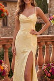 Robe de soirée longue à fines bretelles jaune, coupe sirène, à motifs floraux