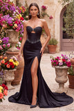 Robe de soirée sans bretelles, avec corset, perles et découpes, en satin, coupe sirène, noire
