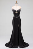 Robe de soirée sans bretelles, avec corset, perles et découpes, en satin, coupe sirène, noire