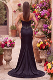 Robe de soirée sans bretelles, avec corset, perles et découpes, en satin, coupe sirène, noire