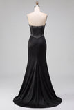 Robe de soirée sans bretelles, avec corset, perles et découpes, en satin, coupe sirène, noire