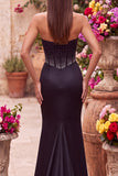 Robe de soirée sans bretelles, avec corset, perles et découpes, en satin, coupe sirène, noire