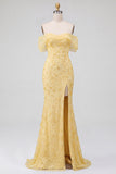 Robe de soirée coupe sirène jaune à épaules dénudées, avec paillettes et fente