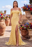 Robe de soirée coupe sirène jaune à épaules dénudées, avec paillettes et fente