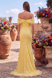 Robe de soirée coupe sirène jaune à épaules dénudées, avec paillettes et fente