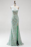 Robe de soirée longue coupe sirène verte avec perles à une épaule