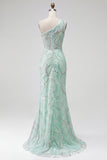 Robe de soirée longue coupe sirène verte avec perles à une épaule