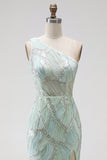 Robe de soirée longue coupe sirène verte avec perles à une épaule
