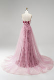 Robe de soirée longue avec drapé en tulle, à paillettes, rose, coupe sirène, sans bretelles