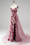 Robe de soirée longue avec drapé en tulle, à paillettes, rose, coupe sirène, sans bretelles