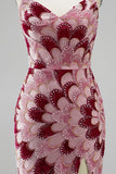 Robe de soirée longue avec drapé en tulle, à paillettes, rose, coupe sirène, sans bretelles